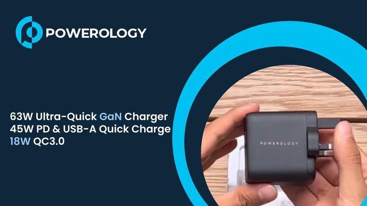 Powerology 63W Ultra-Quick GaN Charger 45W PD & USB-A Quick  Charge 18W QC3.0 With 60W Type-C To Type-C Cable