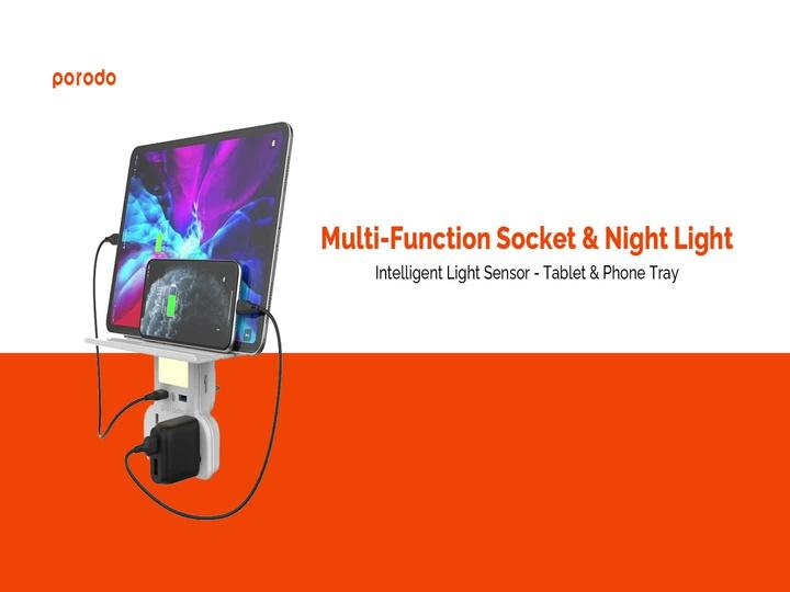 Porodo PD-WMACU-WH Multi-Function Socket & Night Light Intelligent Light Sensor - Tablet & Phone Tray