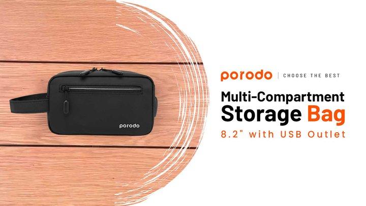 Multi-Compartment Storage Bag 8.2" Porodo Lifestyle IPX3 Water Resistant with 2A USB Charging Output