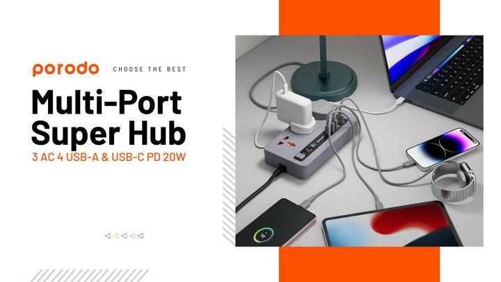 Porodo Multi-Port Power HUB 4 USB-A/USB-C Ultimate Home & Office Kit - 2m