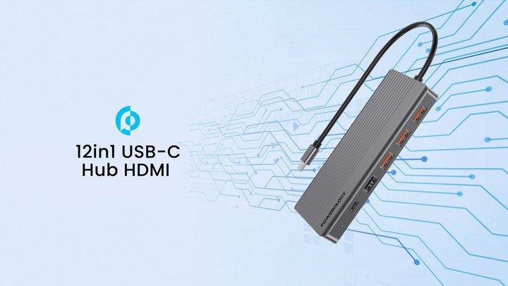 Powerology 13in1 USB-C Hub 4K HDMI Type-C 100W PD Ethernet USB SD MicroSD 3.5AUX