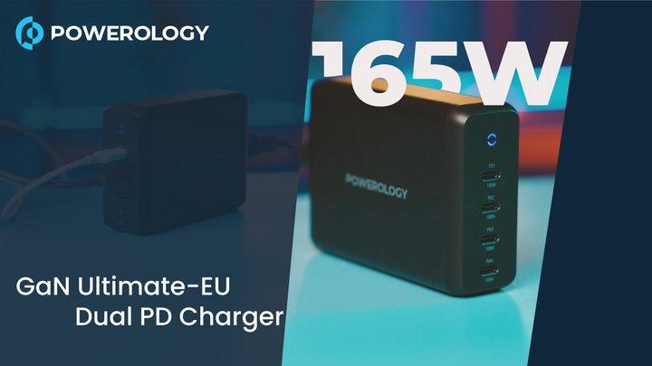 Powerology 165W GaN Desktop Charger with 4X PD Port UK AC Cable PD 100W