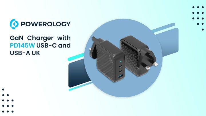 Powerology Black 140W PD QC 2xUSB-C and 1xUSB-A GaN Charger UK