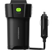 Powerology 150W Cup Holder Power Inverter Dual USB-C & USB-A QC3.0 - Black