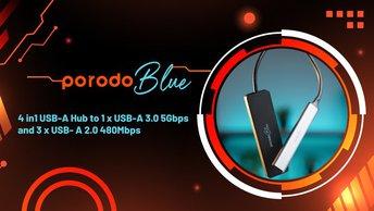 Porodo Blue 4 in1 USB-A Hub to 1 x USB-A 3.0 5Gbps and 3 x USB- A 2.0 480Mbps - PB-USBA4H-BK
