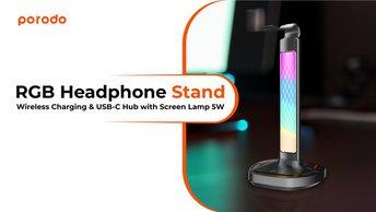 Porodo Gaming RGB Headphone Stand, Wireless Charging & USB-C Hub with Screen Lamp 5W - PDX527