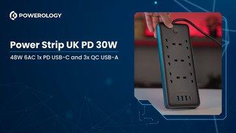 Powerology 48W 6AC 1x PD USB-C and 3x QC USB-A Power Strip UK PD 30W - PWPS48WBK