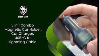 Green Lion 3 in 1 Combo, Dual Port Car Charger PD + QC3.0 20W, Magnetic Car Holder, USB-C To Lightning Cable