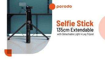 Porodo Selfie Stick 135cm Extendable with Detachable Light 4 Leg Tripod