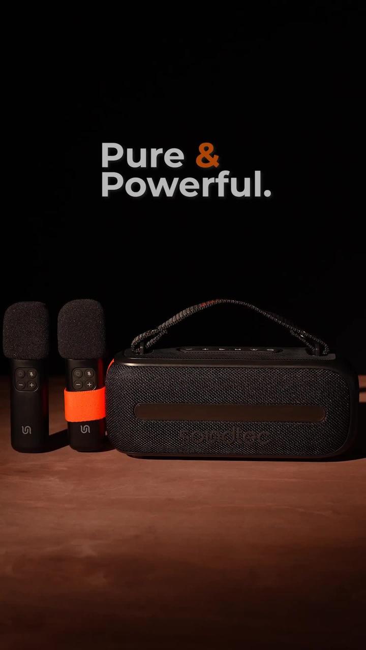 Porodo Soundtec 24W Bluetooth Speaker with Dual Wireless Microphone, Carrying Strap, Powerful Bass, FM Function, RGB Light - Black