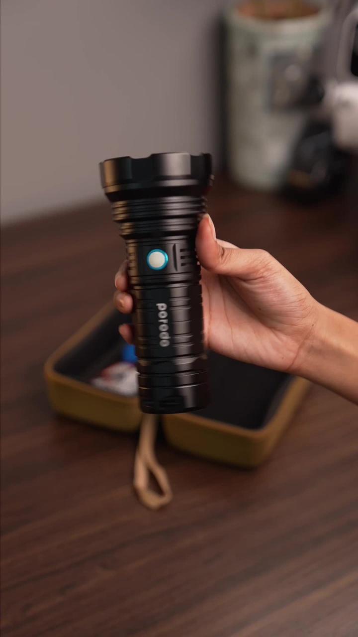 Porodo Camping Rechargeable LED Tactical Flashlight, 1800 Lumens Brightness, 6600mAh Battery Capacity, 6 Hours Charging Time, Up to 5 Hours Running Time, Type-C Charging Port