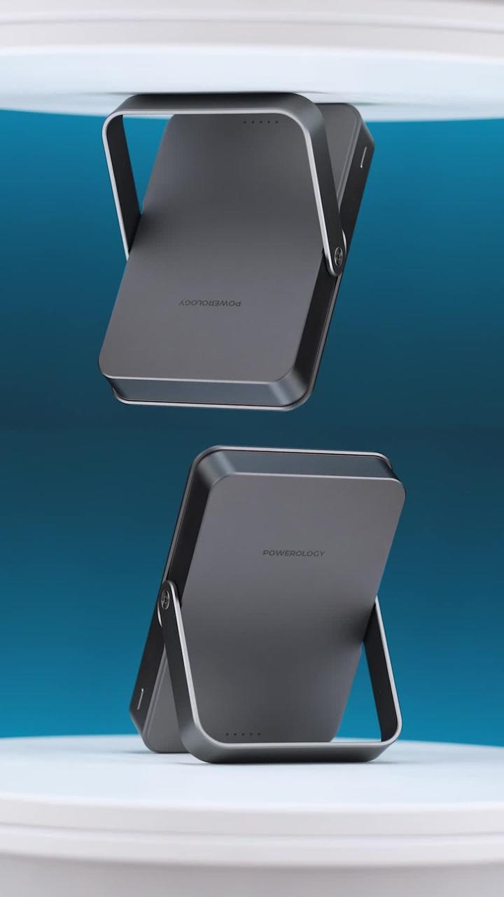 Powerology 10000mAh Magsafe Glass Surface Power Bank, Compact Design, Type-C & Wireless output, Integrated Stand, Aluminum Material, 20W Power Delivery, Cable-Free
