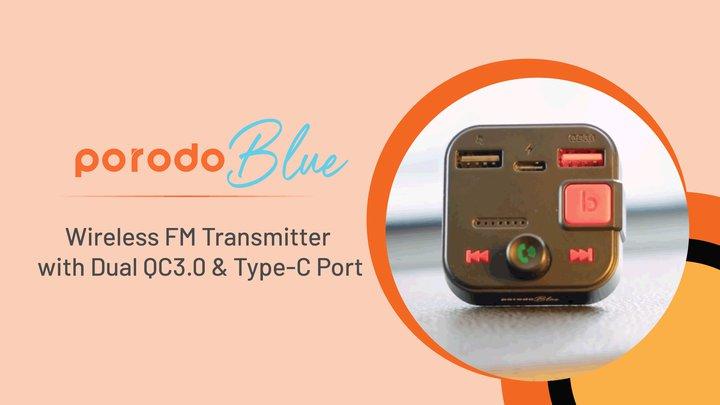 Porodo Blue Wireless FM Transmitter with Dual QC3.0 & Type-C Port, Quality Mic, Bass Boost, Lightweight & Compact, Micro SD Slot 64GB, Hands-Free Call, Stream Music, Travel Friendly