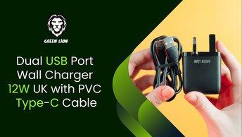 Green Lion Charger Dual USB Port Wall Charger 12W UK with PVC Type-C Cable - Black - GNC24ATYCBK