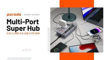 Porodo 3 AC 4 USB-A & USB-C PD 20W Multi-Port Super Hub 2M UK - Gray - PD-FWCH013-GY