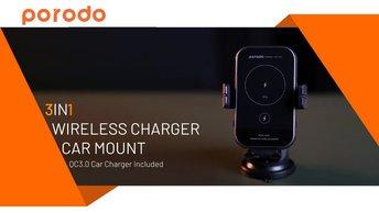 Porodo 3 in 1 Dual Coil Car Charger Mount QC3.0 with Fast Wireless Charger 15W-Black-PD-WCM15W-BK