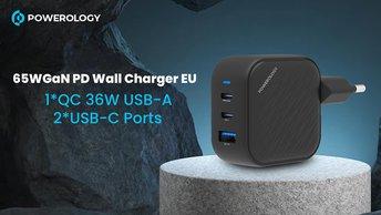 Powerology 65W 1*QC 36W USB-A and 2*USB-C Ports GaN PD Wall Charger EU - PWCUQC019