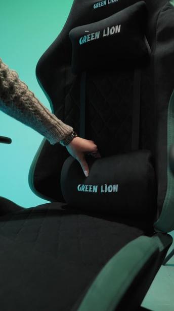 Green Lion ERGO X GCX44 Gaming Chair with Built-in Lumbar Arch, 121-131cm Height, Adjustable 2D Armrests, 360° Swivel Wheels, Removable Neck Pillow, 155° Backrest Recline