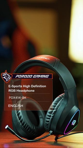 Porodo Gaming E-Sports High Definition Gaming Headphones with RGB Breathing Lights, 2.1m Cable, Omni-Directional Microphone with Noise Cancelling, 3-Dimensional Sound, 50mm Speaker Unit - Black