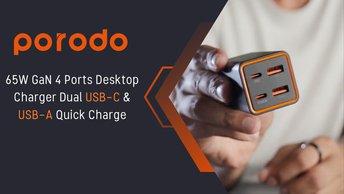 Porodo 65W GaN 4 Ports Desktop Charger Dual USB-C & USB-A Quick Charge - Black - PD-FWCH014-BK