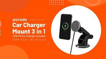 Porodo 3 in 1 Car Charger Mount 20W PD with Fast Wireless Charger 15W - Black - PD-MCCCM-BK