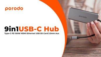 Porodo 9in1 USB-C Hub Type-C PD 100W HDMI Ethernet USB SD Card 3.5mm Aux - PD-91CHB-GY