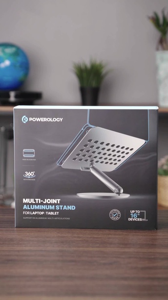 Powerology Multi Joint Aluminum Stand for Laptop and Tablet, 360° Rotating Base, up to 16" Devices Compatible - Gray 