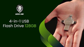 Green Lion 4-in-1 USB Flash Drive 128GB with High Speed Data Transfer, USB-A, USB-C, Micro USB & Lightning Connectors - Silver