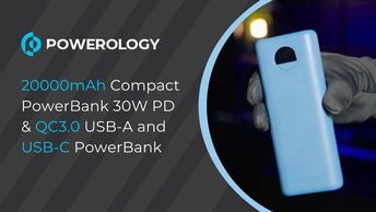 Powerology Quick Charge Power Bank 20000mAh PD 30W, Super Compact, USB-C Input & Output, USB-A Output, Fast Charging, Digital Display Indicator - Blue