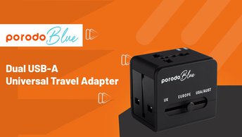 Porodo Blue Dual USB-A Universal Travel Adapter في الإمارات | توافق واسع - أسود | (PB-10WUTA-BK)