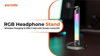 Porodo Gaming 5W RGB Headset Stand, Wireless Charger USB Hub with Screen Lamp - Black